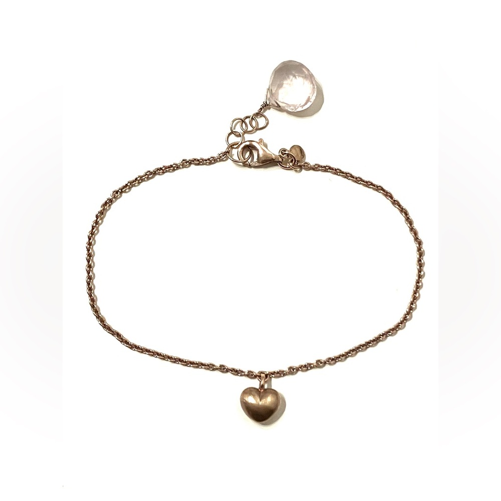 Rose Gold Plated Sterling Heart Rose Quartz Bracelet 7-7.5”